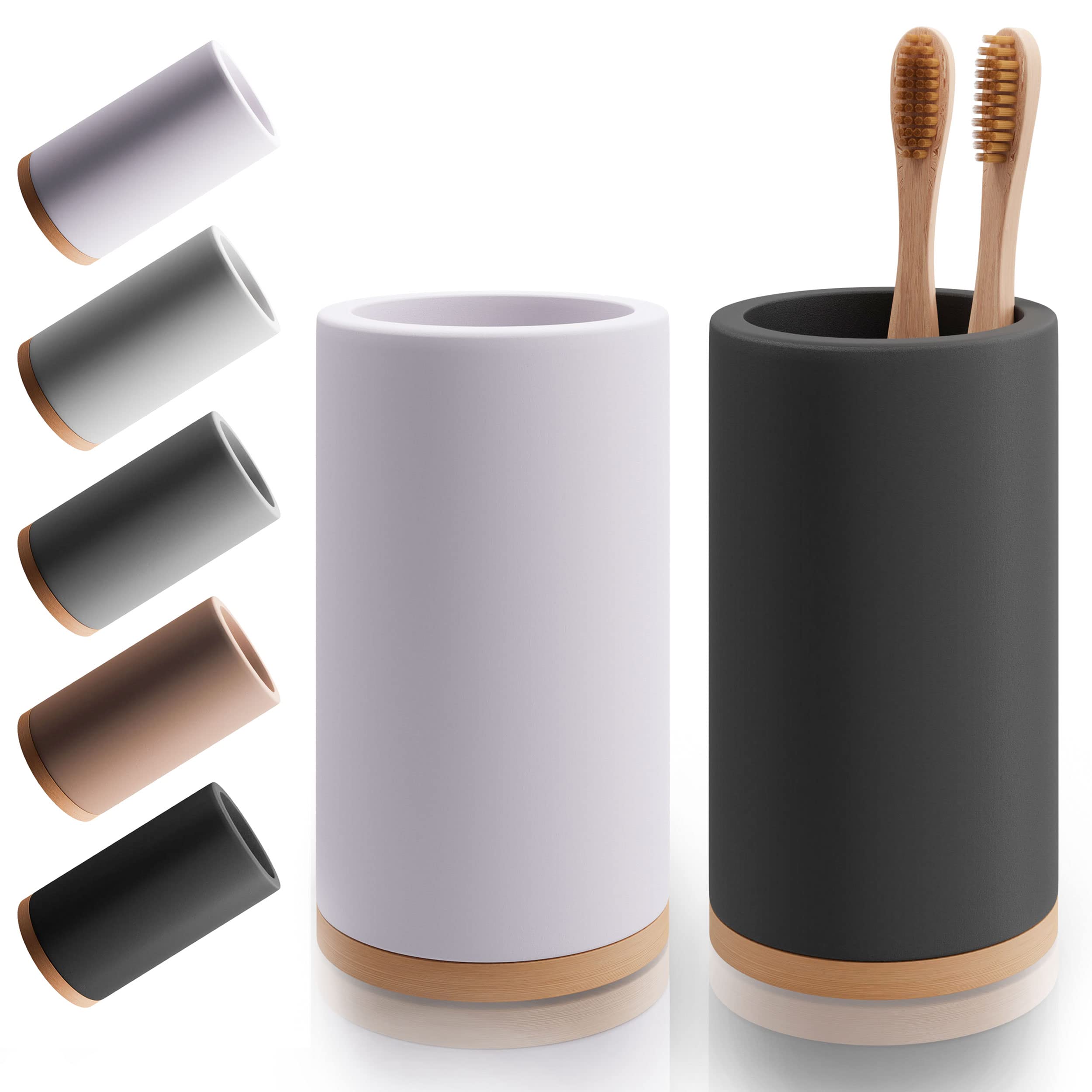 Photo 1 of ***MISSING PARTS*** Matani Bamboo Toothbrush Holder Diatomite Tooth Brush Organizer - Storage Stand for Small Bathroom & Counter - Removable Base & Drain Holes, Water-Absorbent & Quick-Drying (Off White & Black)