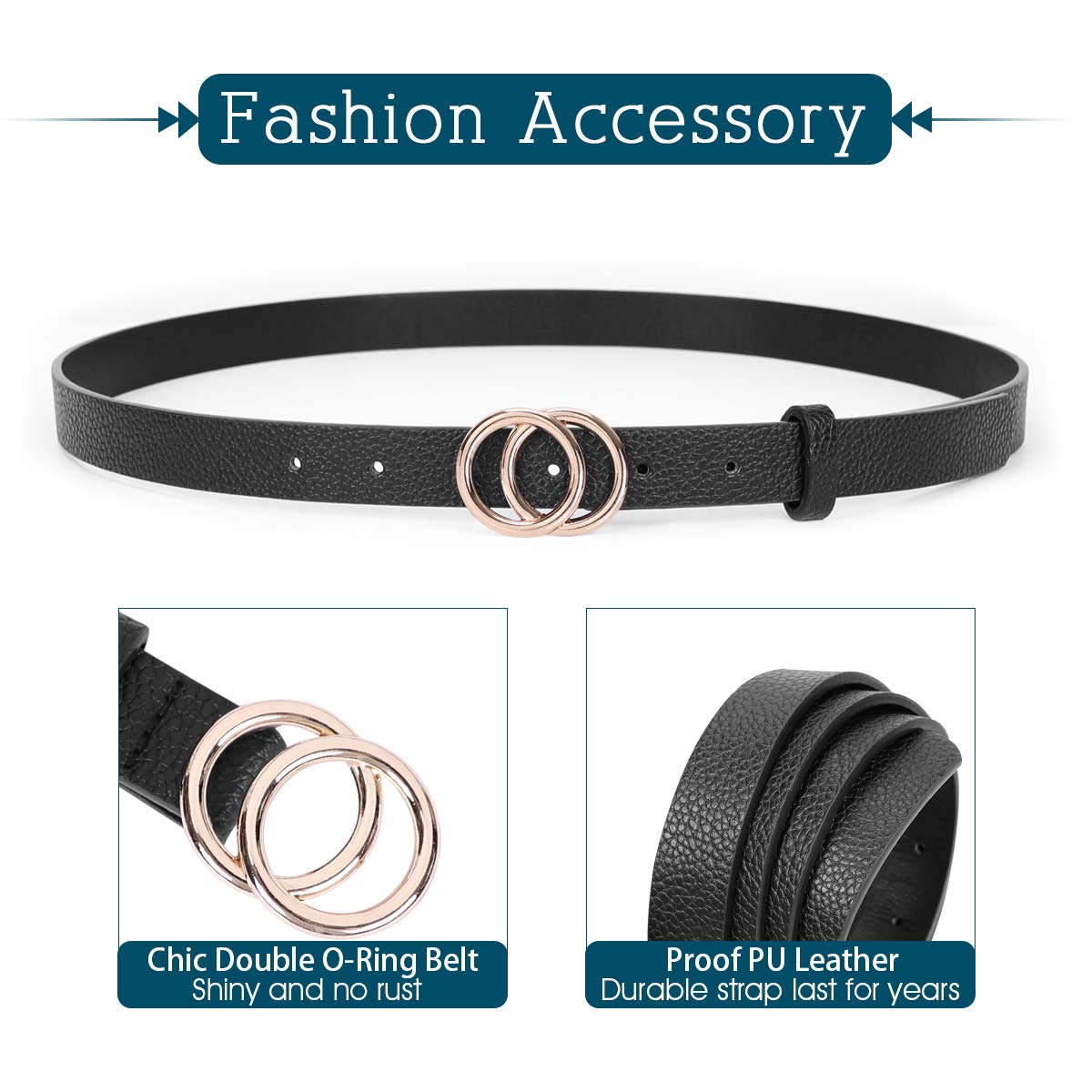 Women\'s Leather Skinny Belts for Dress Jeans Pants Fashion Soft Leather Waist Belts with Double O-Ring Buckle