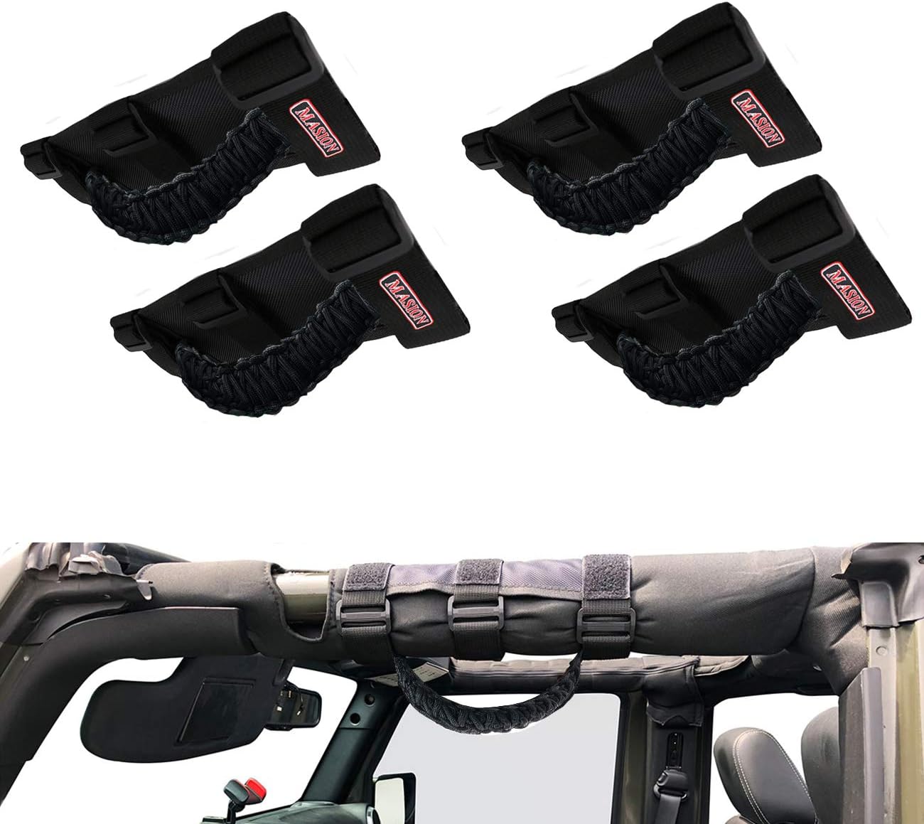 MASION Paracord Roll Bar Grab Grip Handles for Jeep Wrangler TJ CJ YJ JK JKU JL JLU Willys Sahara Rubicon UTV ATV 1986-2020 Triple Straps Handles for 2 to 3 inch Roll Bars Black Style 4PCS