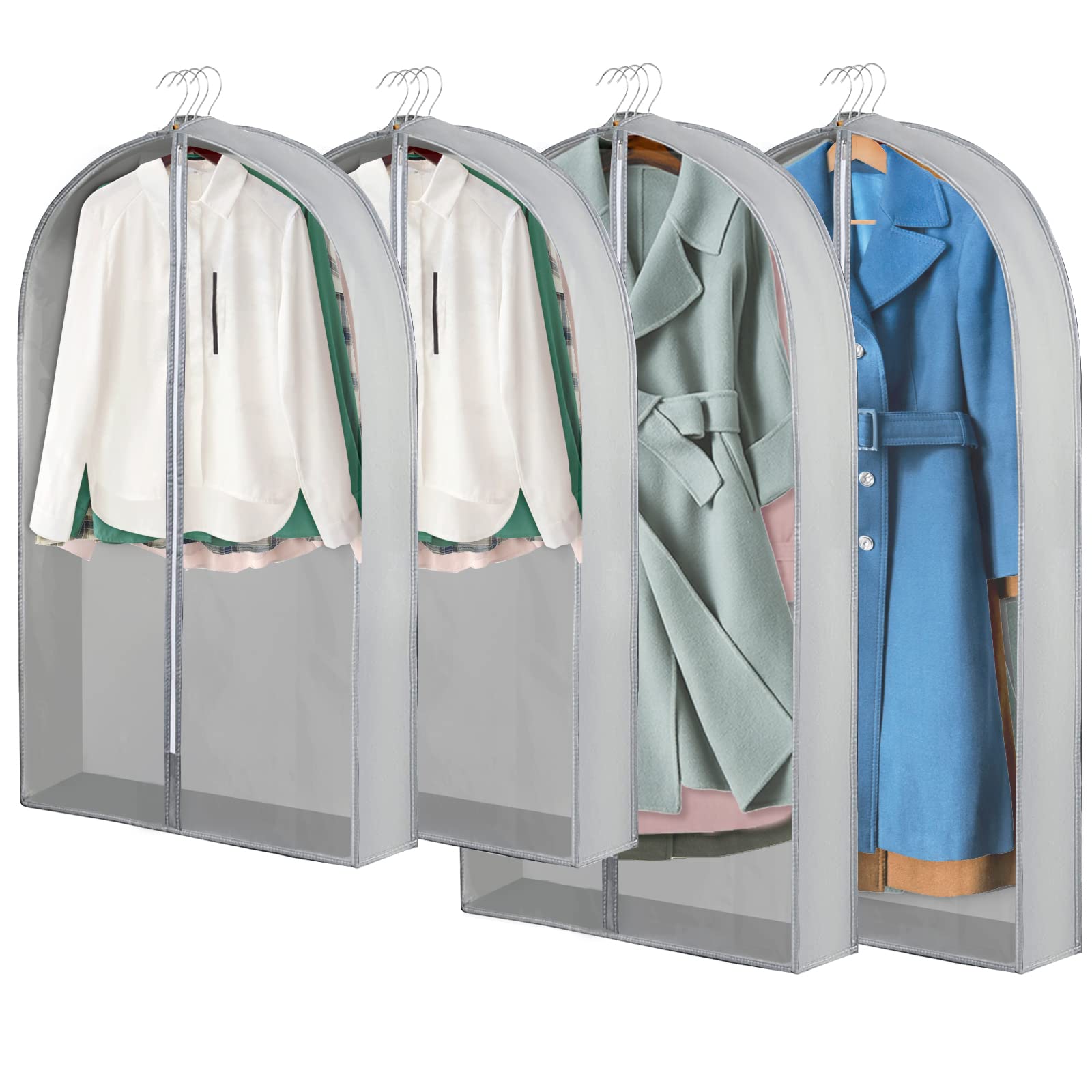 SelfTek 4 Pcs Garment Bags, Clothes Covers with Zip Hanging Clothes Bags Gusseted Suit Bags Breathable Clothes Protector Storage Bags for Jacket Coat Dress Suit, 60x100cm + 60x127cm
