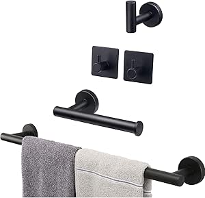 Powstro [5pcs] Juego de toallero de acero inoxidable, soporte de toalla de baño montado en la pared, 1 barra de toalla, 1 toallero de papel, 3 ganchos ...