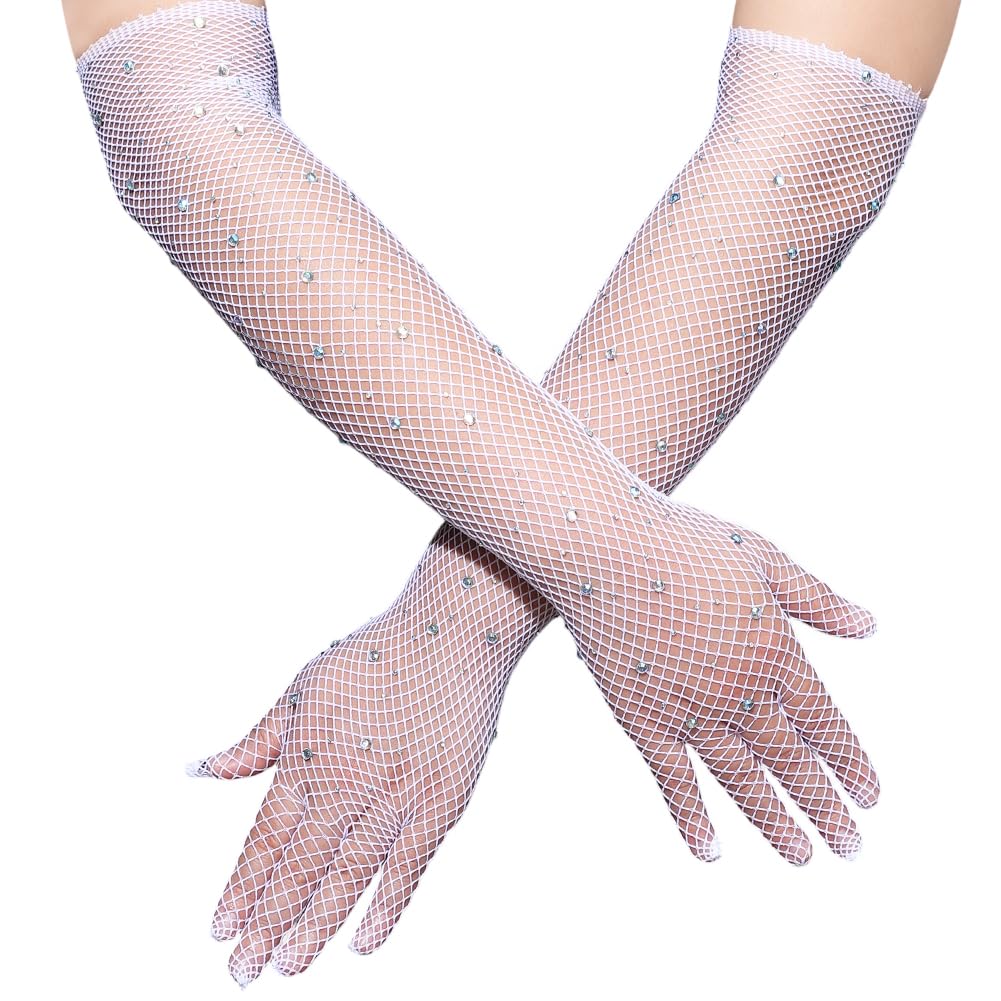 GORGECRAFT 2 Pair Long Rhinestone Fishnet Gloves White Women Goth Punk Fish Net Arm Sleeves Elbow Length Mesh Sparkly Glitter Fashion Opera Gloves for 80s Costume Cosplay Halloween Wedding Party