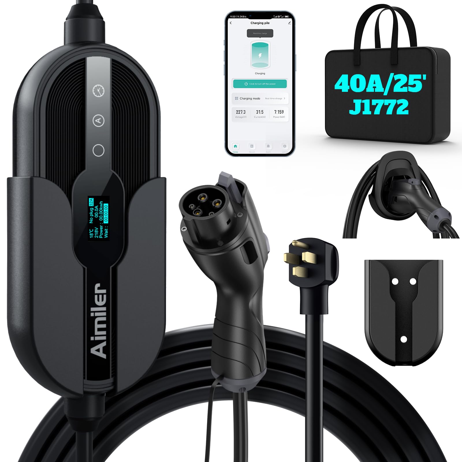 Photo 1 of AIMILER Level 2 Electric Vehicle (EV) Charger(WIFI APP/Plug-play), 40A, 25ft Cable ETL Certified, 220V-240V NEMA 14-50P Plug EVSE w/ J1772 Connector, Portable EV Car Charging Stations for Home Level 2