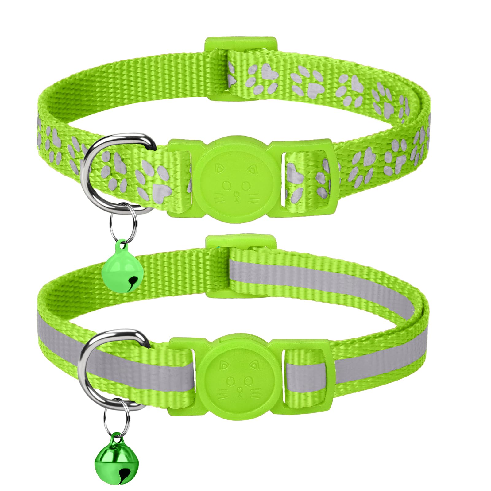 Taglory Reflective Cat Collar with Bell and Safety Release, 2-Pack Girl Boy Pet Kitten Collars Adjustable 19-32 cm Green