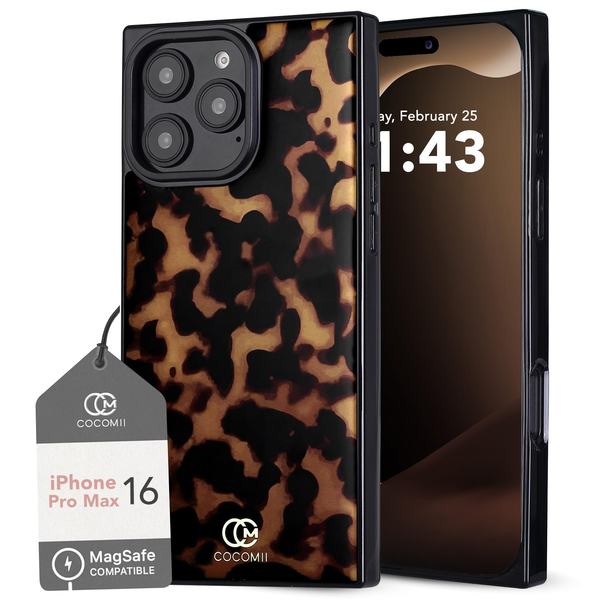 Photo 1 of Cocomii - Rectangle Case Compatible with iPhone 16 Pro Max - Compatible with MagSafe, Tortoiseshell Pattern, Animal Print, Glossy, Magnetic Phone Case for iPhone 16 Pro Max 6.9 inch, Black/Brown