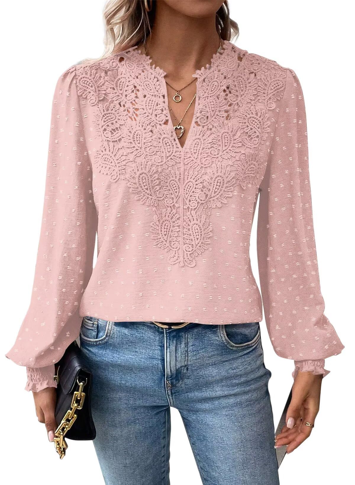 Falechay Womens Plus Size Tops Solid Flowy Blouse for Women Dressy Summer Long Sleeve V Neck Elegant Light Pink Tunic Winter Top Fall 6XL Image