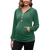 GINKANA Maternity Hoodies Long Sleeves Shirts Half Button Decoration Sweatshirt V Neck Pullover with Pockets Pregnancy Tee