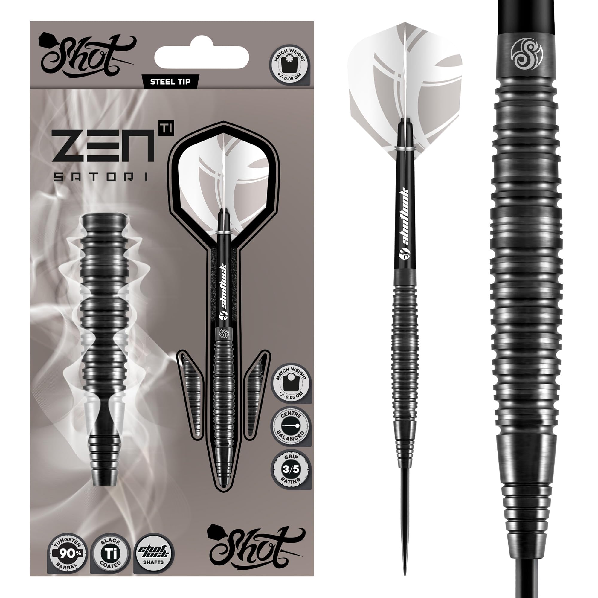 Shot! Darts Zen Satori Steel Tip Dart Set Center Weighted-90% Tungsten Barrels 25 gram