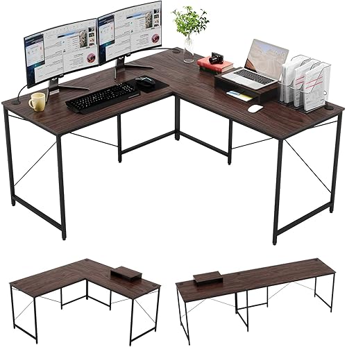 Bestier L-shaped computer desk, 95.2" Two Person Large Gaming Office Desk, Adjustable L-Shaped or Long Desk Two Method with Free Monitor Stand, Home Writing Desk Table Build-in Cable Management (rusticbrown)