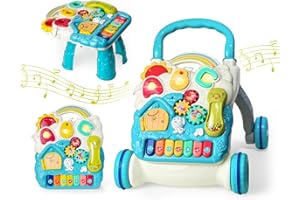 CUTERABIT Sit to Stand Baby Walker, Activity Center with Music and Light, Activity Table for Toddlers, Push Toys for Babies Learning to Walk, Early Education Toys for Infant Boys Girls 6 Months Up (Blue)