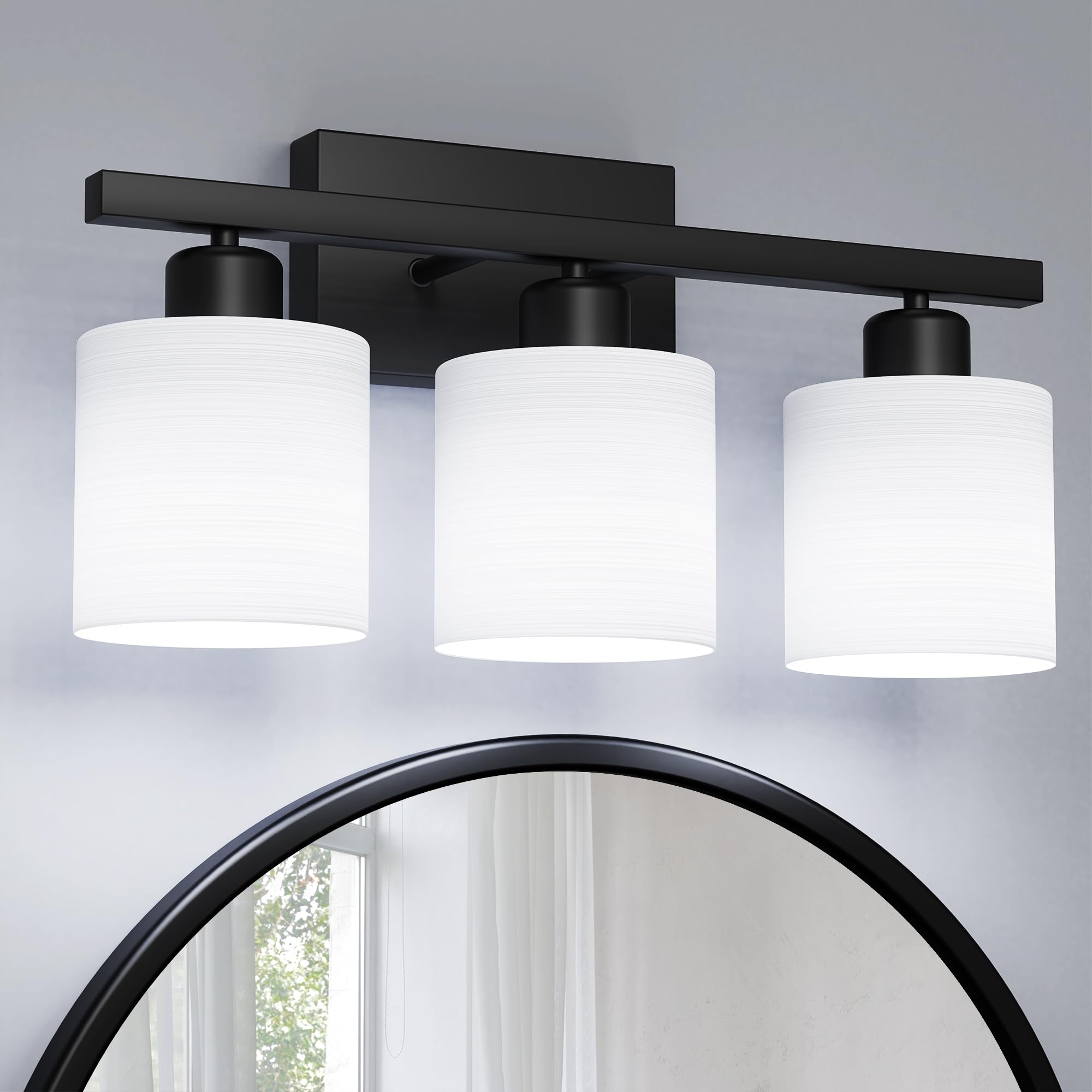 Photo 1 of PARTPHONER Bathroom Light Fixtures, Bathroom Lighting Fixtures Over Mirror, Interior Classic Vanity Lights, Modern Vanity Light with Textured White Glass Shade, Matte Black, 3-Light