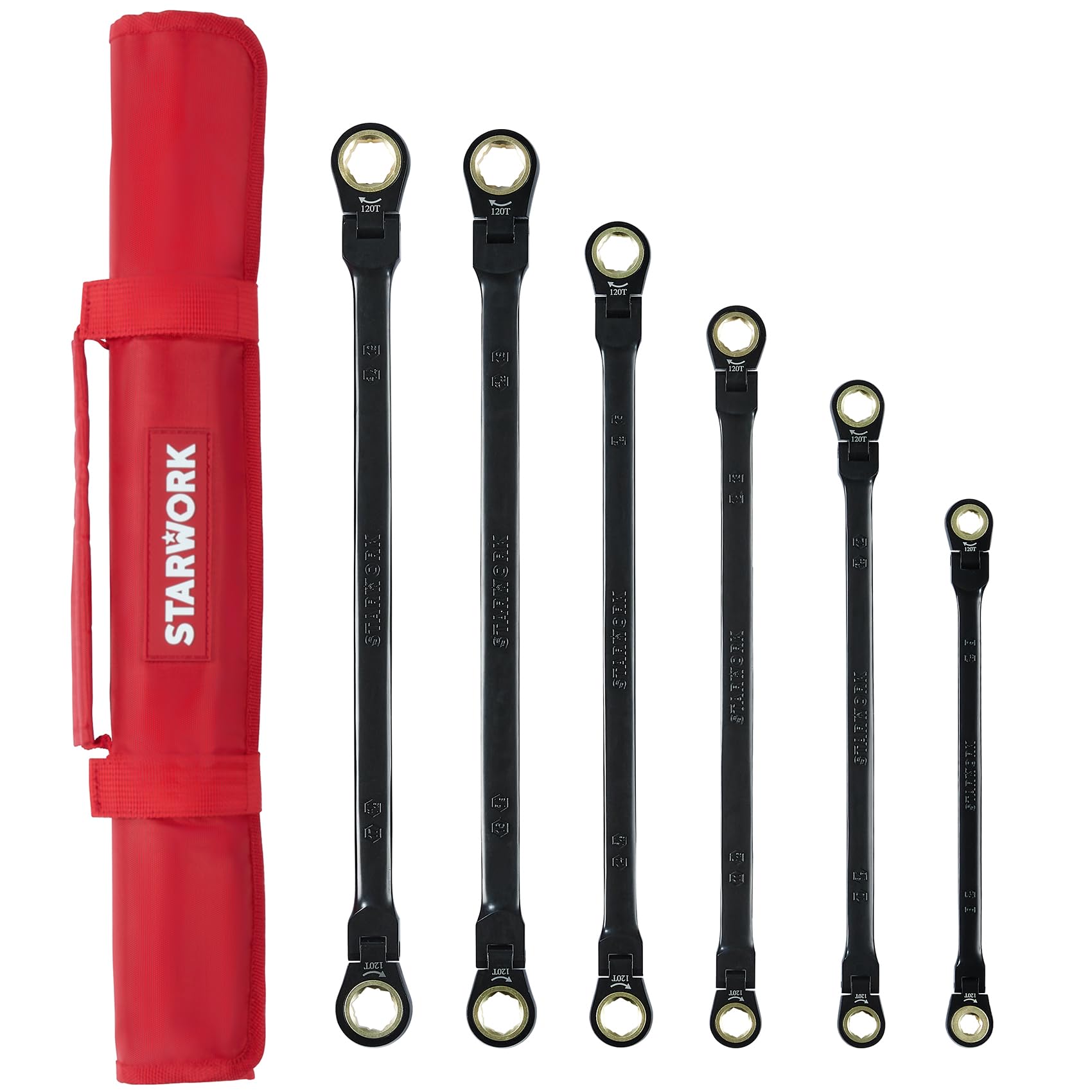 STARWORK True Mechanic™ 6-Piece 120T SAE&Metric, Flex-Head Double Box End, Extra Long Ratcheting Wrench Set, with Roll-Up Pouch Bag