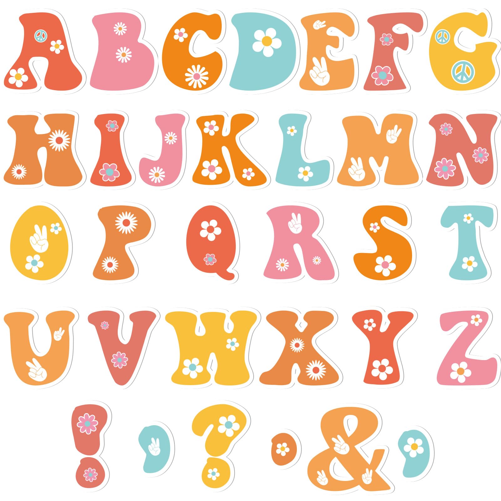 Photo 1 of 150 PCS Large 6" Font Letters and Punctuation Set, Groovy Party Hippie Boho Daisy Classroom Alphabet for Bulletin Board Display Home School, A Great Helper to Inspire Students' Learning Interest