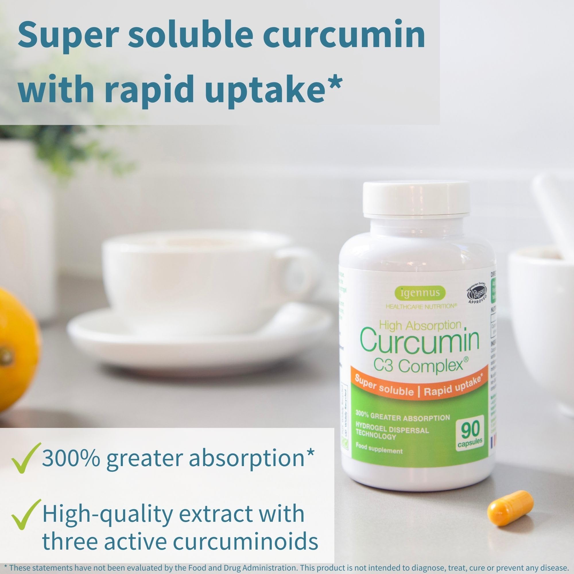 Igennus Advanced Curcumin C3 Complex, 300% Greater Absorption & Rapid Uptake, 95% Standardised Extract, 90 Servings, Clean Label, Vegan Supplement, 1-a-Day, 90 Capsules