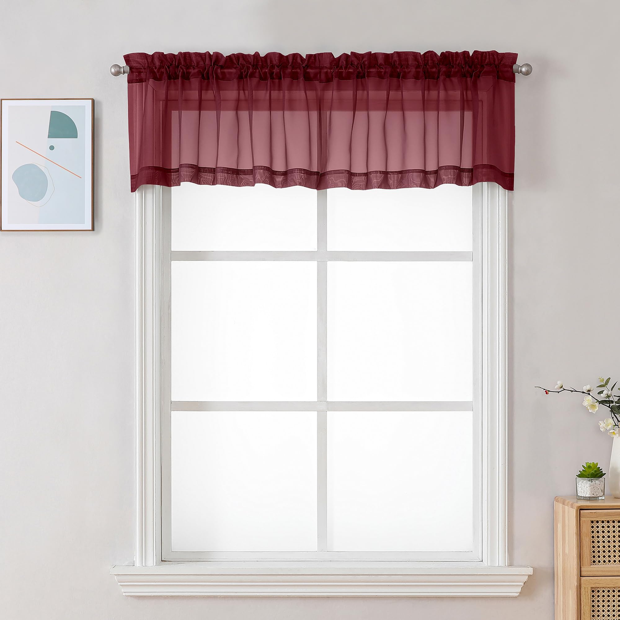 Photo 1 of Chyhomenyc Sheer Valances for Windows 2 Pack, 42W x 14L inches Small Window Curtains for Living Room Bathroom Cafe Laundry Basement, Modern Top Dual Rod Pocket Voile Curtain, Burgundy