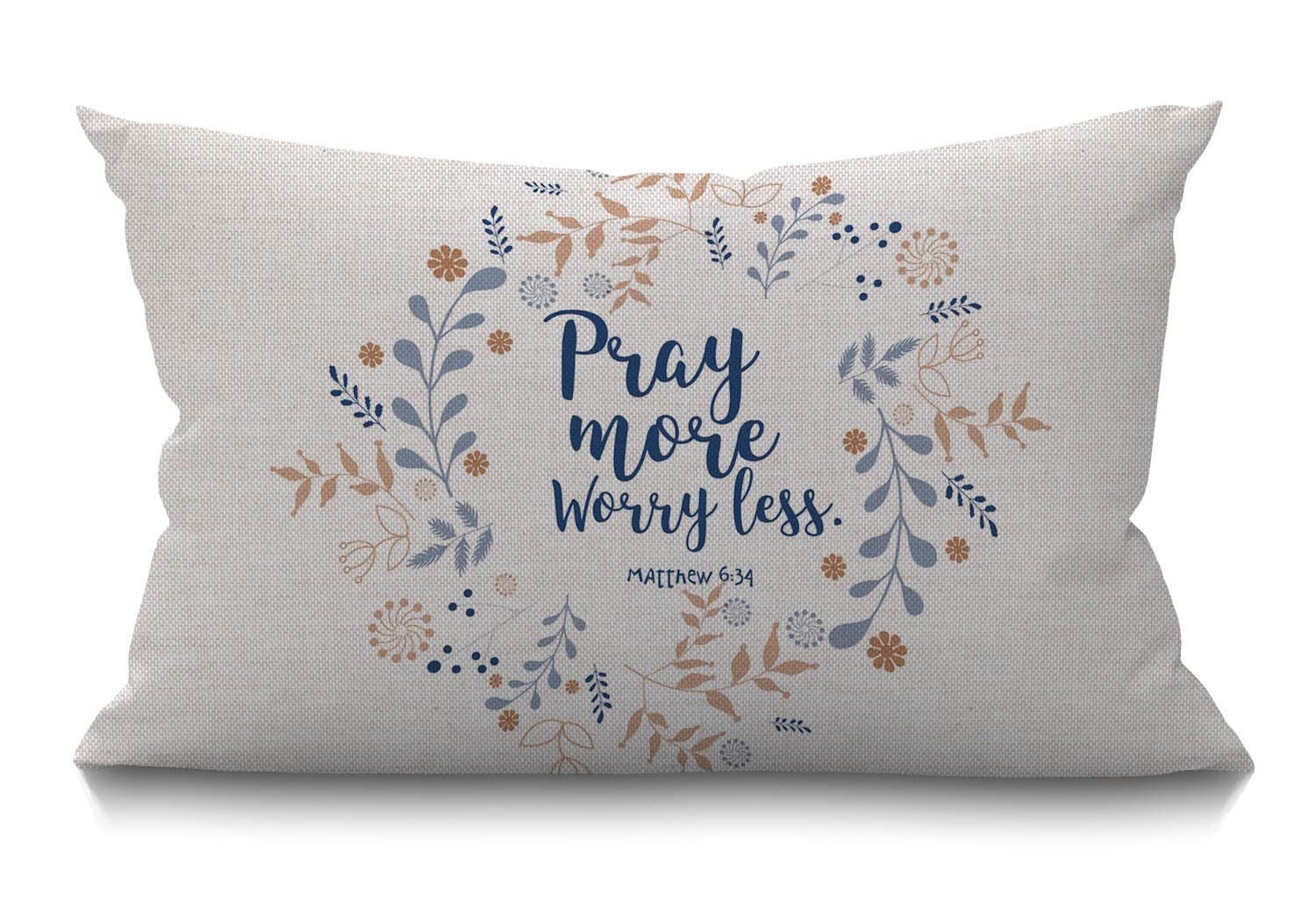 BGBDEIA Cushion Cover Pray More Worry Less Floral Wreath Bible Quote Christian Verse Faith Style Rectangular Throw Pillow Cover for Couch Sofa Home Decor Cotton Linen 30 x 50 cm 12x20 Inch