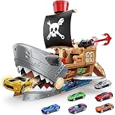 AMGAMGTS Shark Pirate Ship Toy Car Playset with Car-Swallowing Play Mode | 4-in-1 Toy Boat Vehicle Set, 6 Race Cars, Dual-Lane Track Launcher, Anchors &amp; Turrets, Ideal Gift for Boys Girls Kids Ages 3+