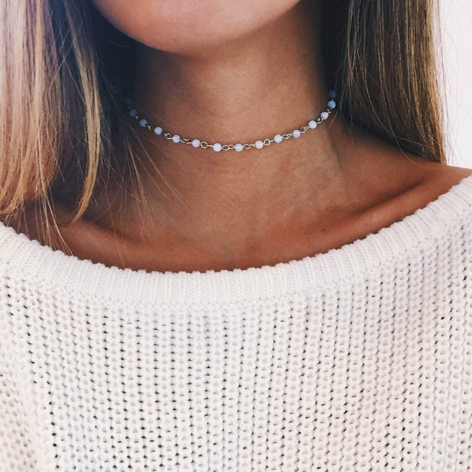 TseenYi Rainbow Monstone choker Necklace Short Silver Crystal Gold Chain Necklace Simple Boho Clavicle Necklace Jewelry for women and Girls (Silver)