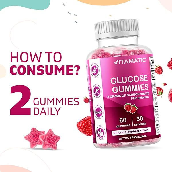 VITAMATIC GLUCOSE CHEWABLE GUMMIES – 60 COUNT – NATURAL RASPBERRY FLAVOR – 4G OF CARBOHYDRATE PER SERVING (1 BOTTLE)