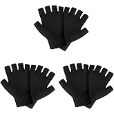 SLIUGLOVEUN 3 Pairs Half Finger Gloves for Men Women Teens Fingerless Winter Magic Black Knit Mittens Touchscreen Warm Stretchy Fingerless Gloves for Writing Working Driving
