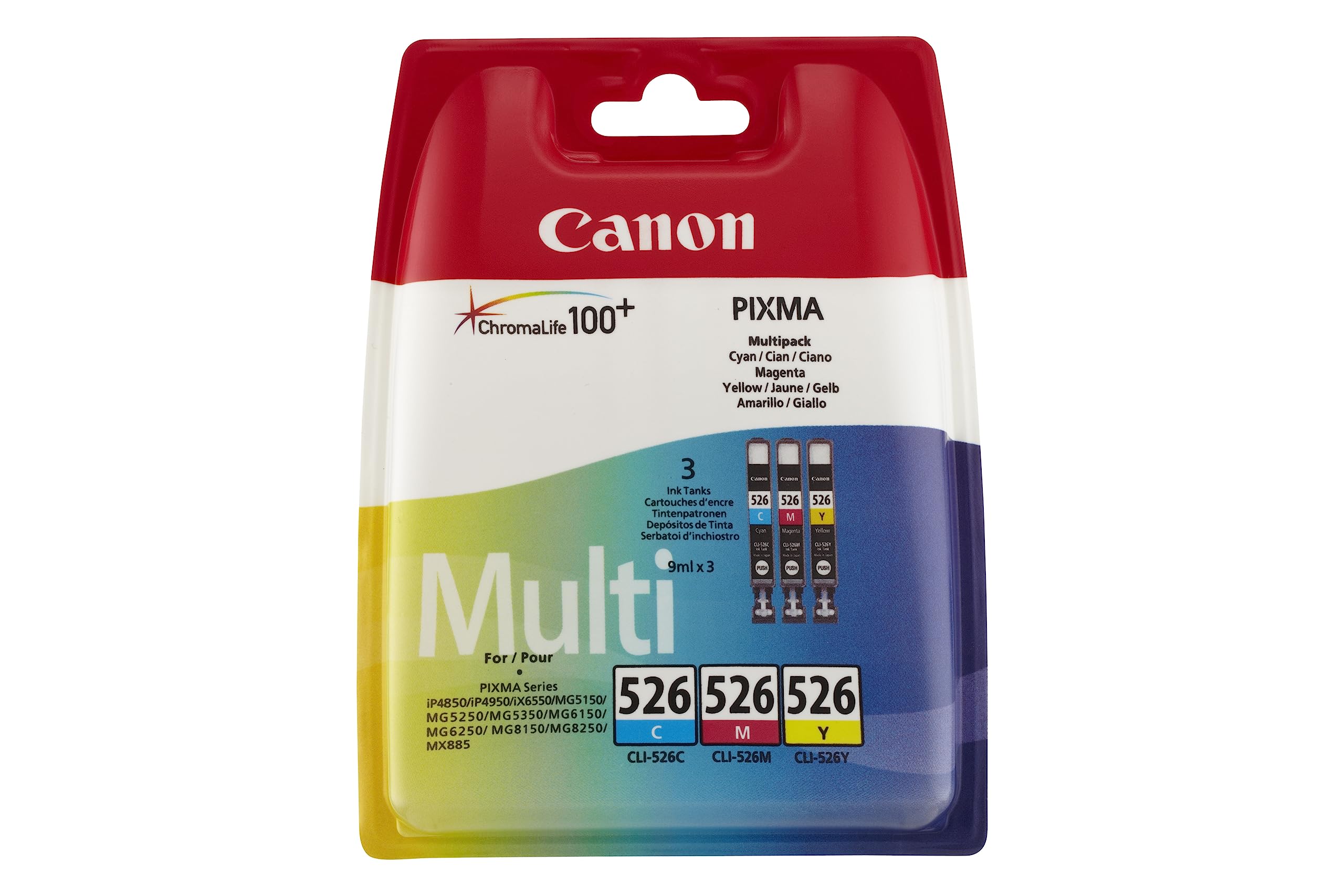 Canon CLI-526 C M Y Pack of 3 cartridges (Cyan Magenta Yellow) Genuine Canon (Plastic Pack)