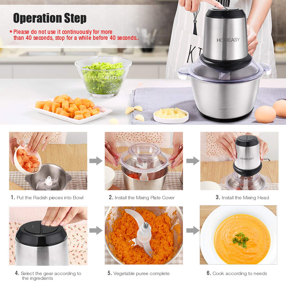 Meat Grinder Electric, Food Processor 2L Stainless Steel Meat Blender Food Chopper for Meat, Vegetables, Fruits and Nuts with 4 Sharp Blades, 350W, 8 Cups