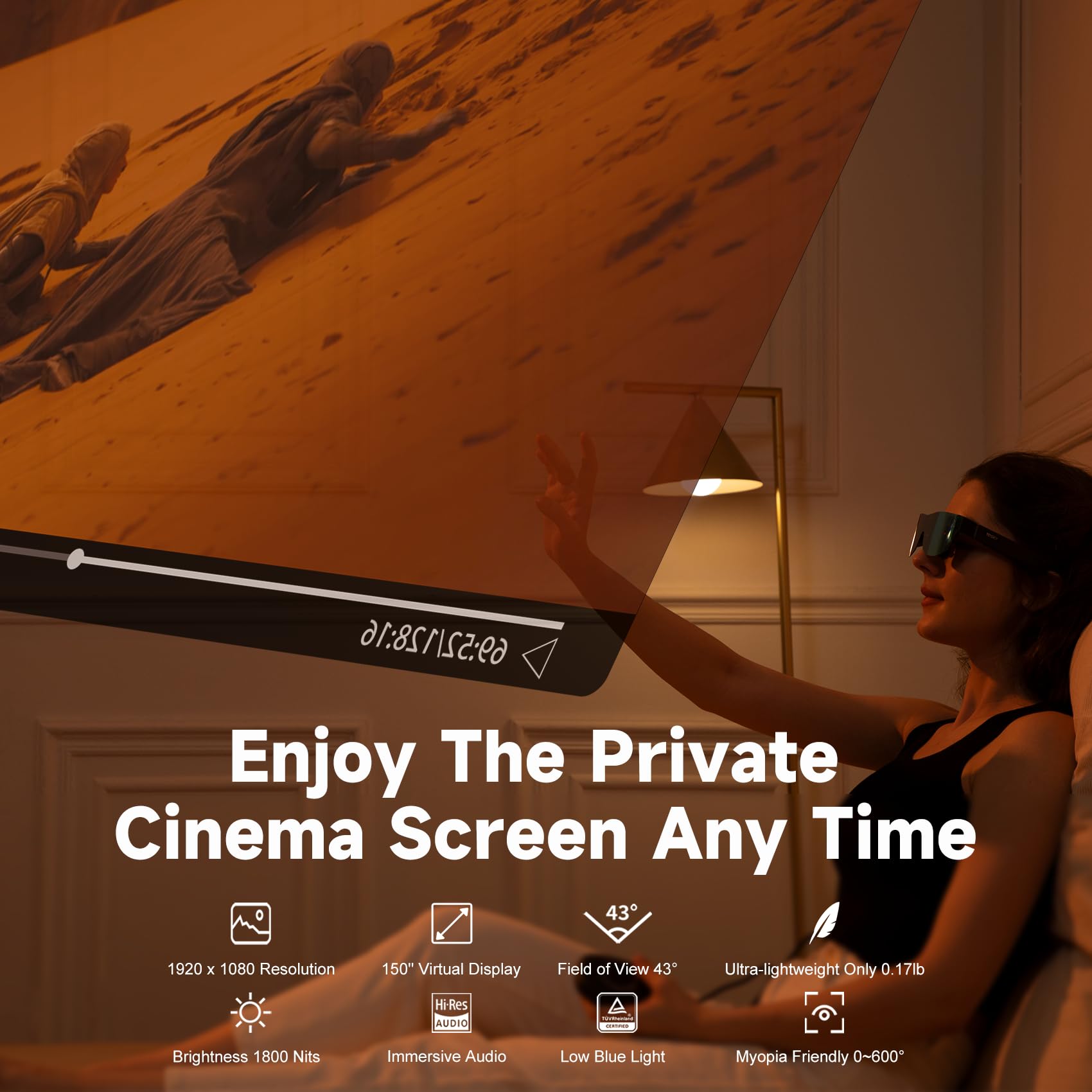 TQSKY T1 AR Glasses C-Port Direct Connection, Smart Glasses with 150'' 1080P HD Screen, up to 600D Myopia Adjustment, for Large-Screen Entertainment, Home Theater, Travel, Outdoor Camping