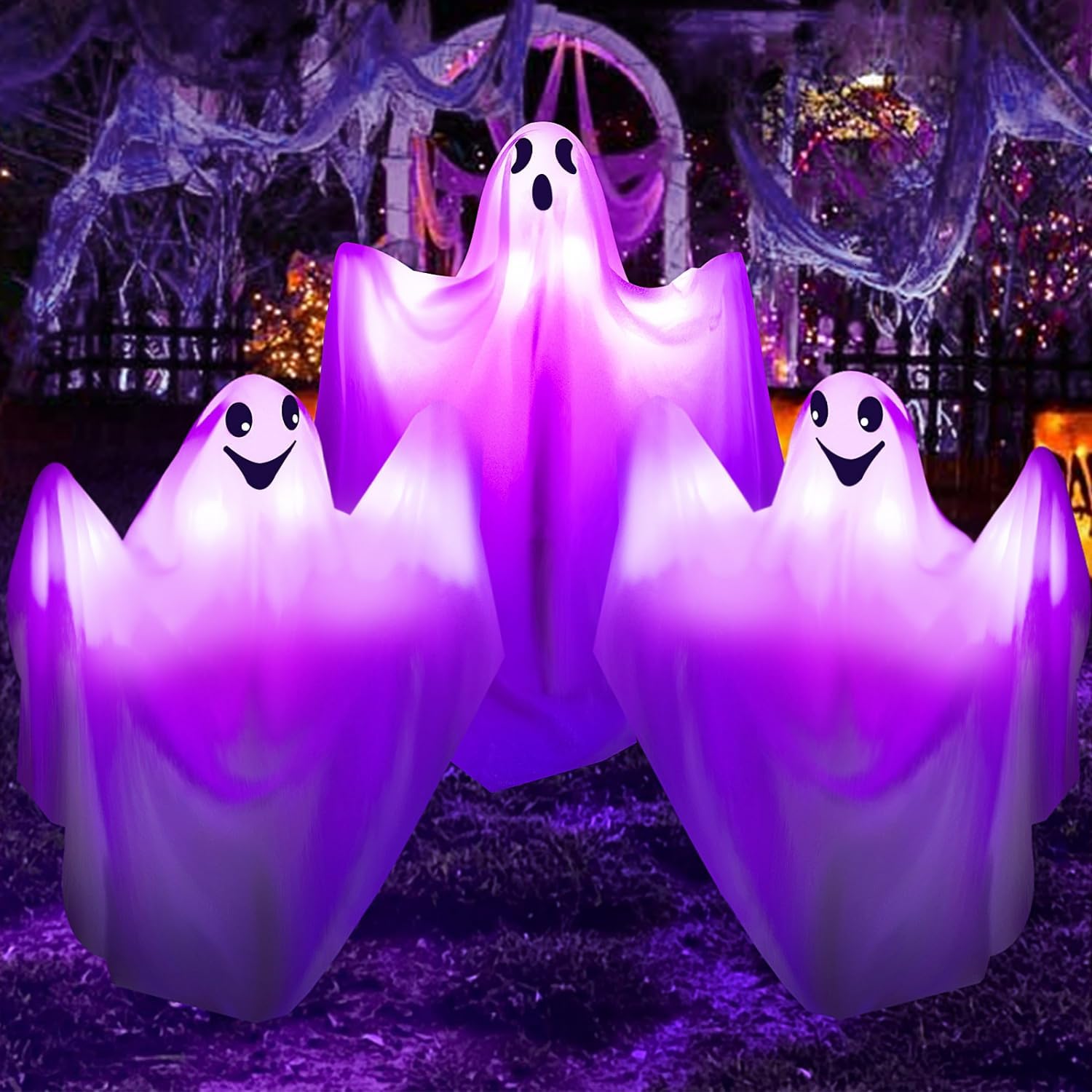 Decorative Garden Stakes - YoleShy Lighted Halloween Ghost Yard Stakes, Set of 3 Ghost Halloween Decorations with Purple Lights, White Ghost Stakes Outdoor for Garden Lawn Walkway Haunted House Decor