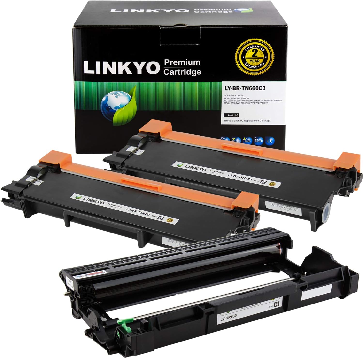 LINKYO Compatible Toner Cartridge and Drum Unit Set Replacement for Brother TN660 TN-660 DR630 DR-630 (2 Toner Cartridges, 1 Drum Unit)