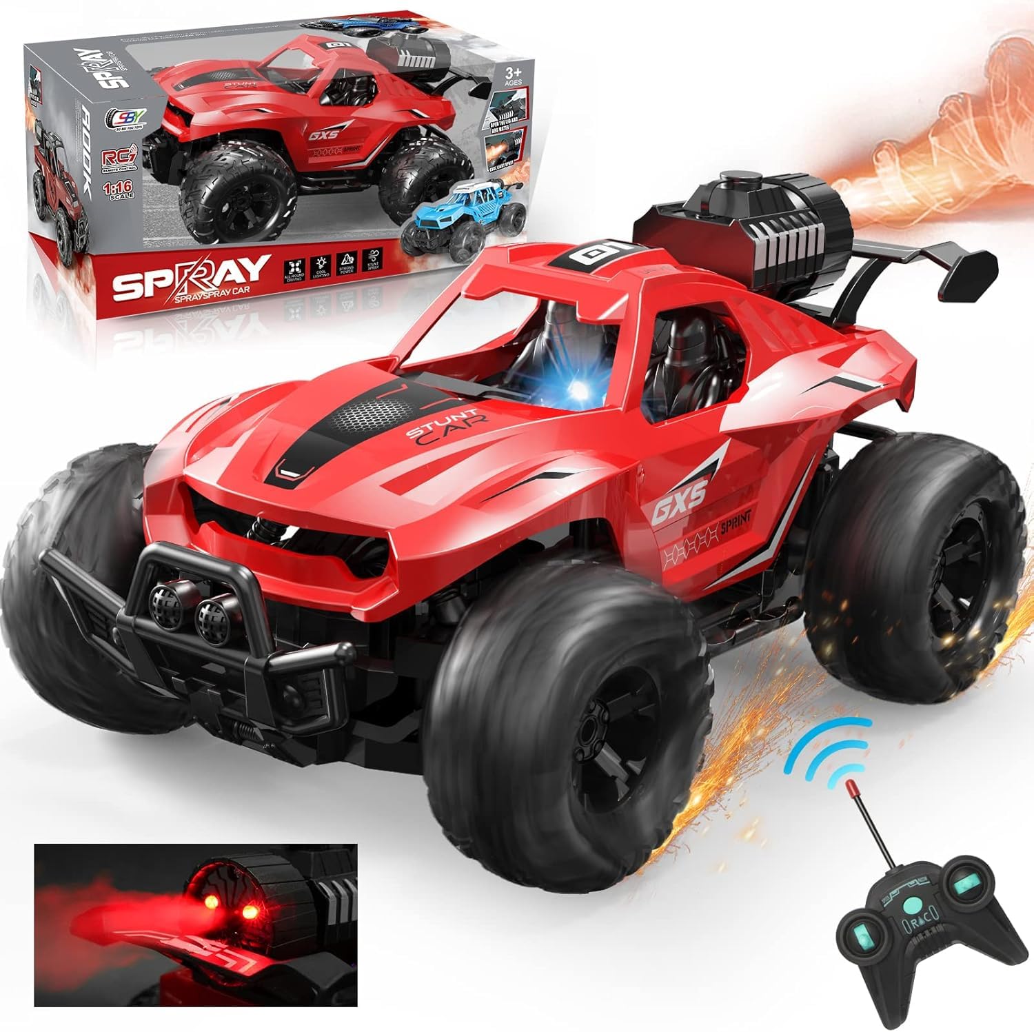 Remote Control Car 1:16 Scale RC Monster Truck with Smoke Mist LED Lights Rubber Wheels High Grip Remote Control Car Formula Racing Off-Road Assorted Colours Random Colour