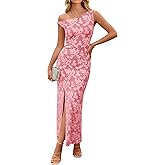 ZESICA Women's Summer One Shoulder Floral Bodycon Midi Dress 2026 Ruched Elegant Wedding Cocktail Party Long Dresses
