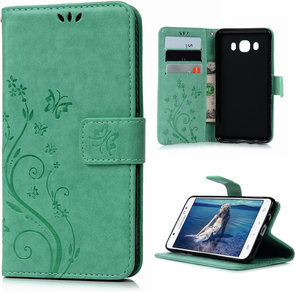 J5 Case(Only for 2016 Version)-Badalink Colorful Painting PU Leather Notebook Design Flip Cover Folio Inlaid Inner Soft TPU Case with [Card Slot] [Built Stand] [Magnetic Closure][Wallet Function] Protective Skin Durable Case for Samsung Galaxy J5 2016 Model(Green)