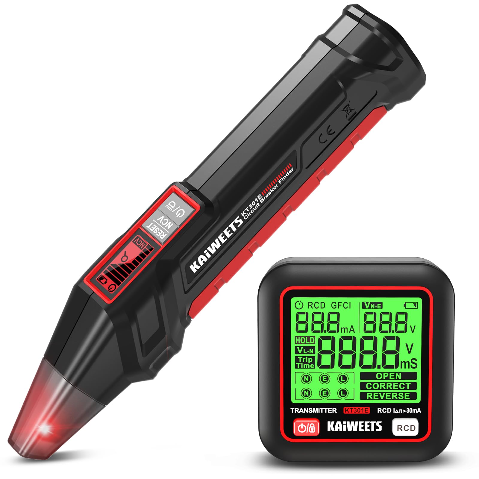KAIWEETS Sicherungsfinder Set mit 2,2 Zoll LCD, Steckdosentester mit RCD-Test zur Verdrahtungsprüfung, Leitungssucher mit NCV und LED-Taschenlampe für Elektriker und Heimgebrauch