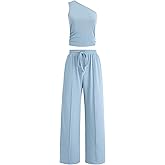 Casly Lamiit Womens Two Piece Outfits 2026 Summer Ribbed Knit Button Beach Vacation Casual Wide Leg Pants Lounge Sets