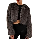 Amazhiyu Women's Faux Fur Cropped Coat Long Sleeve Open Front Winter Jacket