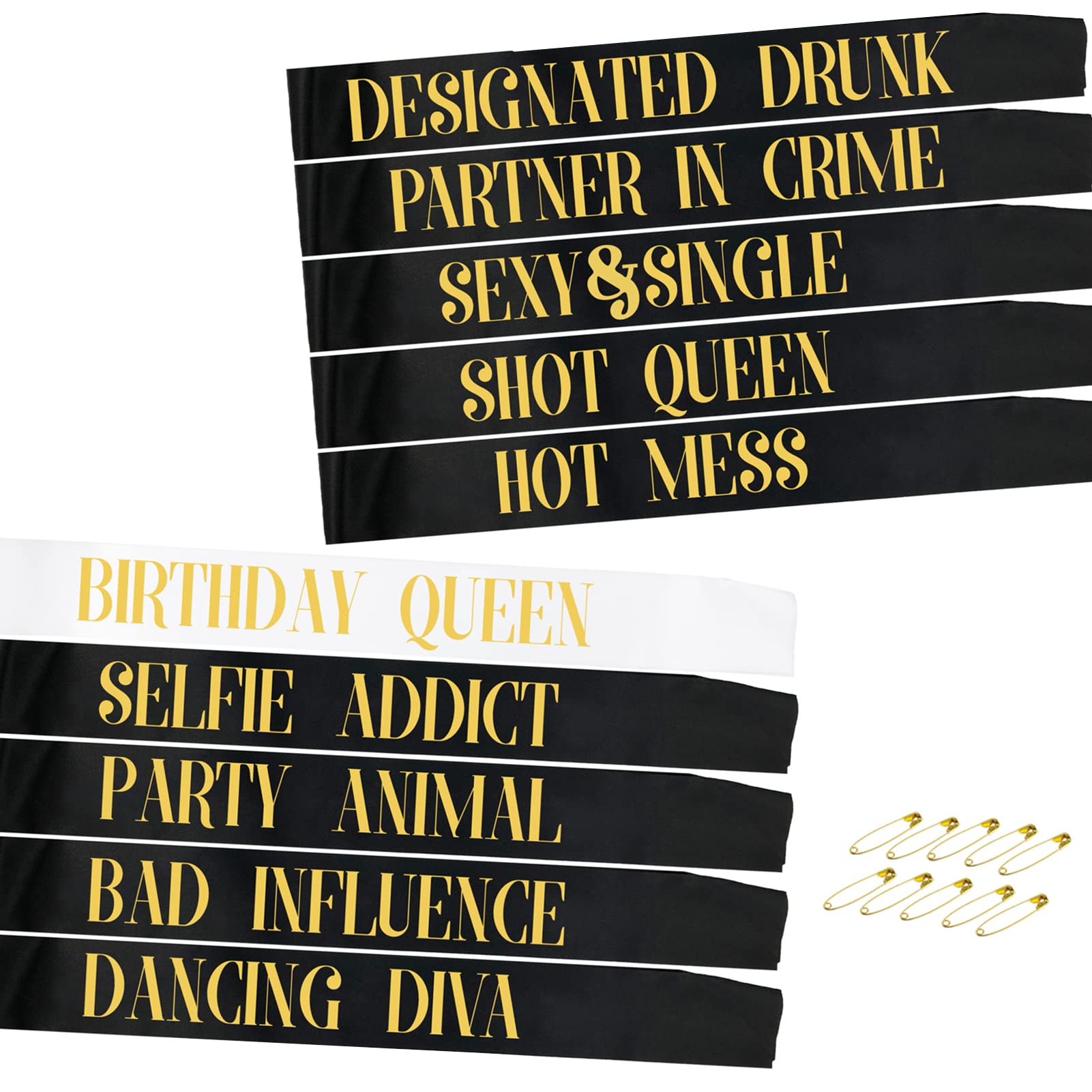 STAY GENT 10Pcs Birthday Sashes for Girls, 1Pcs White Birthday Queen Sash + 9Pcs Black Party Sashes for Birthday Gifts Party Favors Decor Supplies