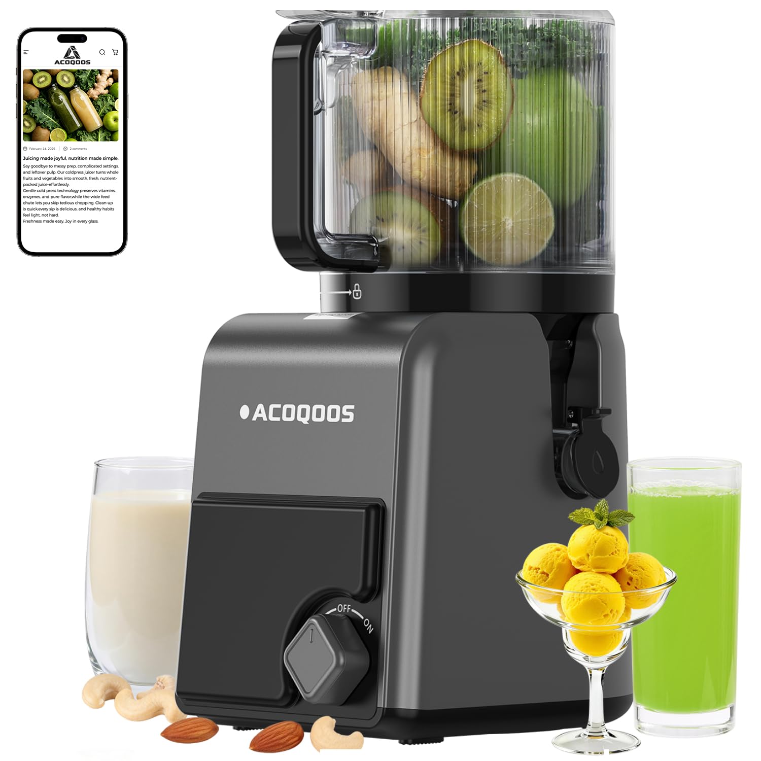 Photo 1 of ACOQOOS Juicer Machines, 6.5" Extra Large Feed Chute Cold Press Juicer 3-IN-1 with Sorbet & Nut Milk, BPA Free, Easy to Clean, 100 OZ Hopper, Graphite Gray