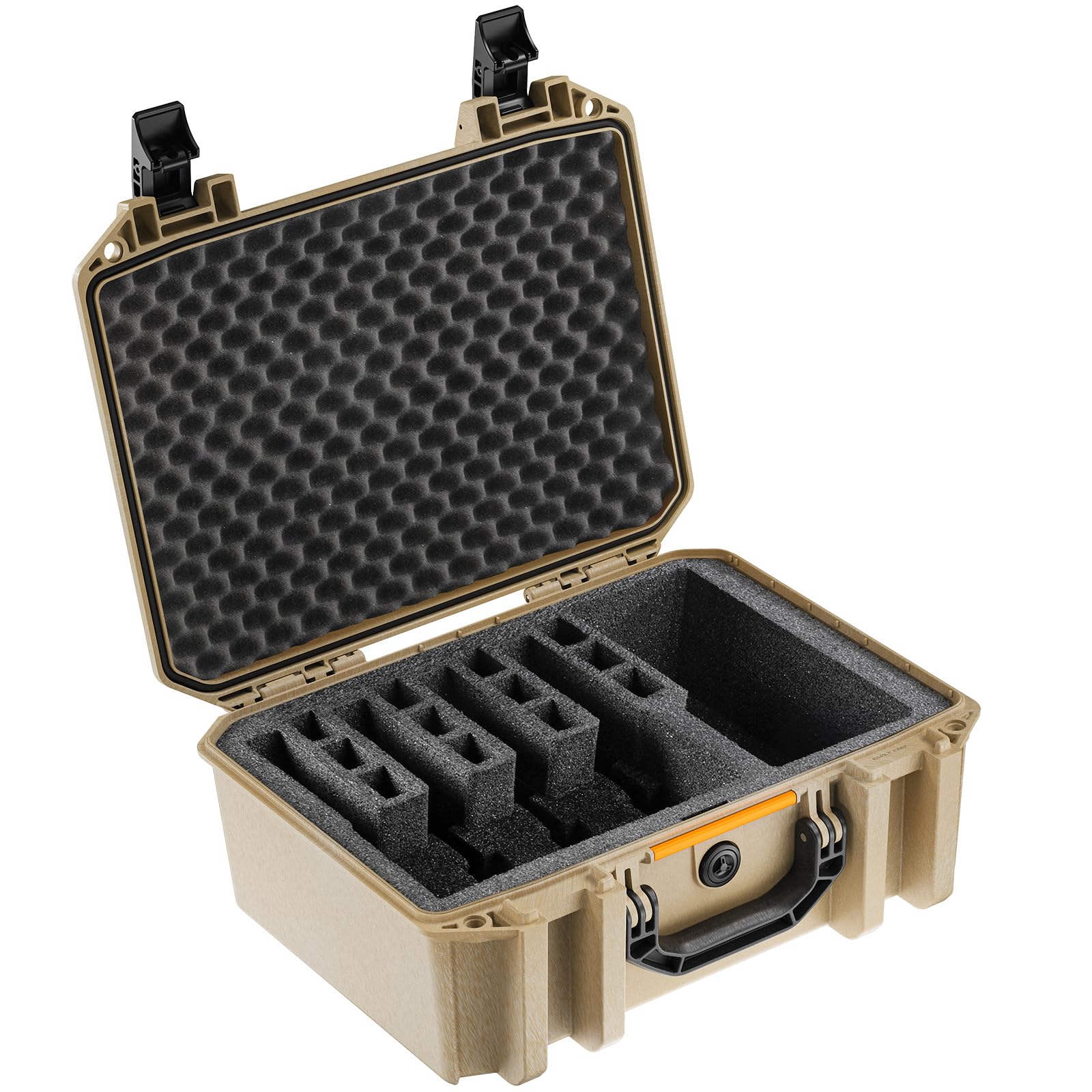 Pelican Vault v300-5 Pistol Case with 19 Magazine Wells - Vertical Pre-Cut Foam Handgun Case (Desert Tan) Image