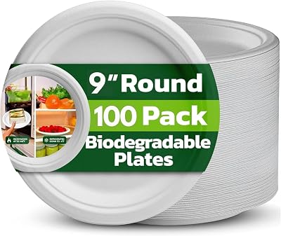 Ask Packaging 9 Inch Bagasse Plates 100 Pack Compostable Heavy Duty