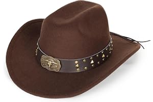 FGSS Western-Cowboy-Hats for Women Men - Classic Wide Brim Felt Fedora Unisex Upturn Bull Head Cowgirl Caps with Buckle Belt