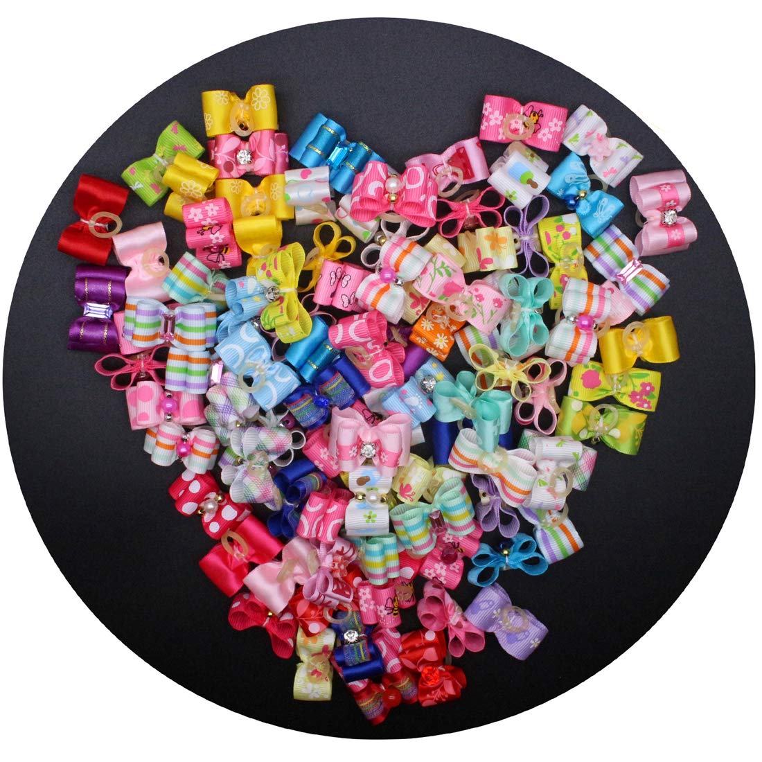 HOLLIHI 30 Pcs Adorable Grosgrain Ribbon Pet Dog Hair Bows with Elastics Ties - Stretchy Rubber Bands Doggy Kitty Topknot Grooming Accessories Set for Long Hair Puppy Cat