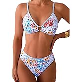 Tainehs Women's Two Piece Bikini Sets O Ring Front Top Ditsy Floral Triangle Swimsuits Cheeky Bathing Suit