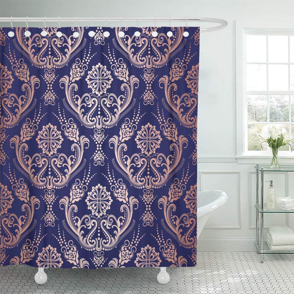 JOOCAR Design Shower Curtain, Blue Beautiful Rose Gold Floral Damask On Navy This is Pink Continuous Decoration, Waterproof Cloth Fabric Bathroom Decor Set with Hooks