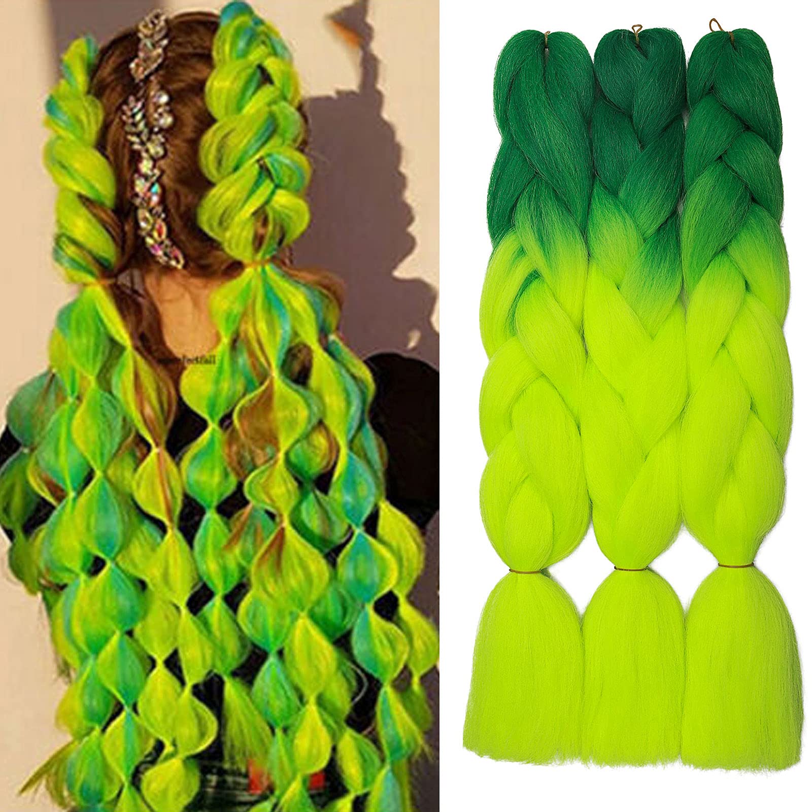 3 Pcs /300g 24'' Two Ombre Jumbo Braiding Hair Synthetic Braid Hair Extensions Dark Green to Yellow Green