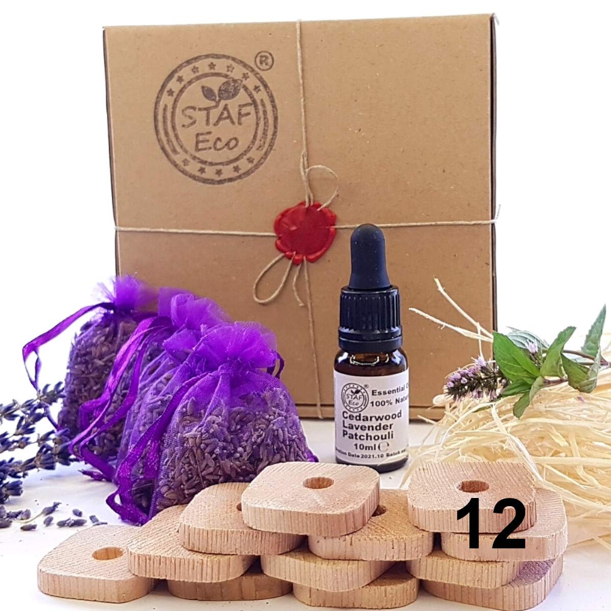 STAFECO Cedarwood Natural Moth Repellent for wardrobes Kit Cedar Wood Lavender Natural Oil 100% Rings Clothes Protection (Set Small B)