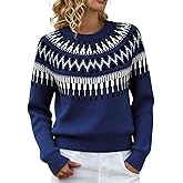 Fair Isle Sweater Women Crew Neck Knitted Cozy Lounge Sweater Vintage Cute Fall Winter Warm Pullover Tops for Women