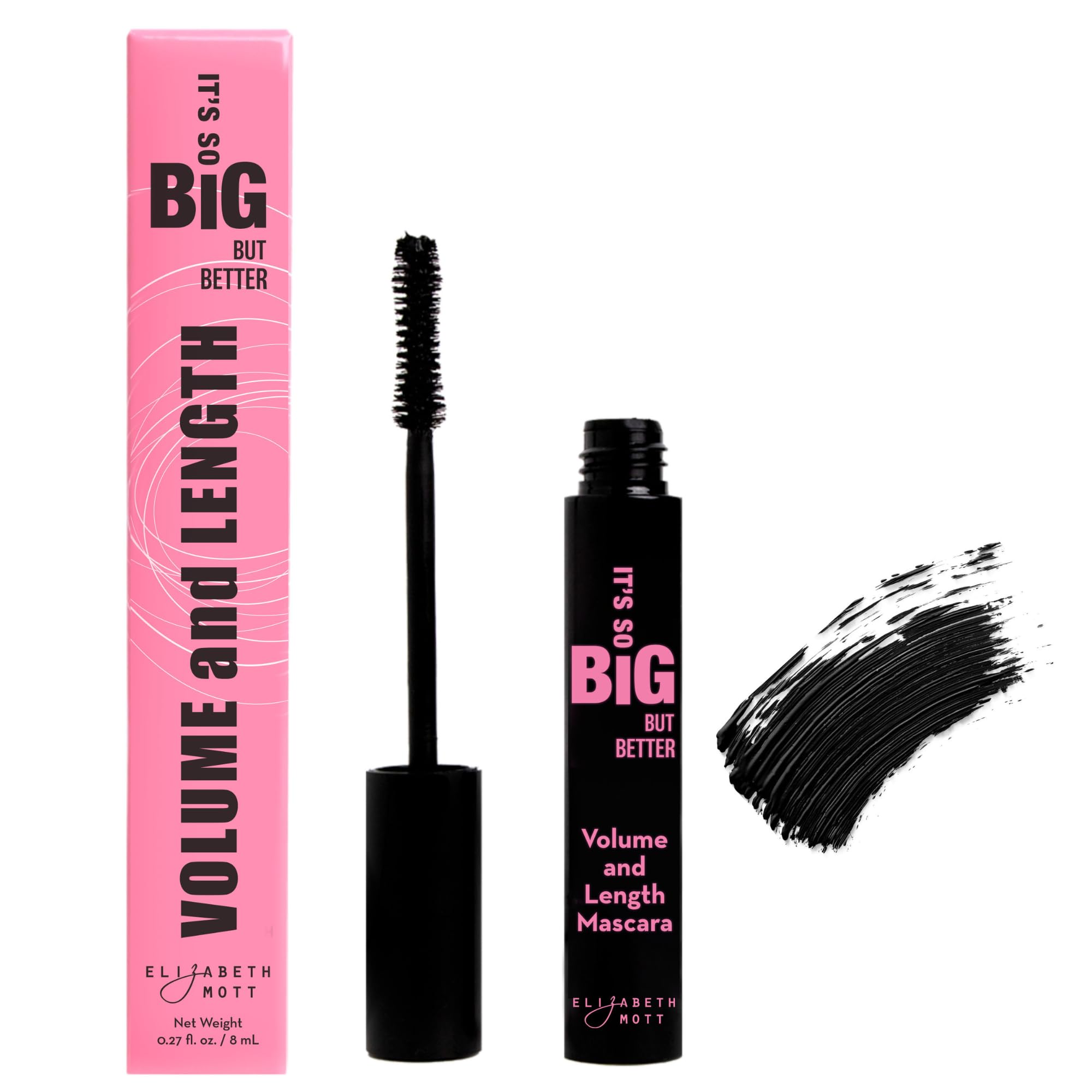Elizabeth Mott Black Volumizing Smudge-Proof Mascara - Mascara Black Volume And Length Water-Resistant - Cruelty Free Lengthening Fiber with Hourglass Wand - No Clump - Safe for Lash Extensions - 10ml