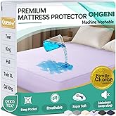 OhGeni 100% Waterproof Mattress Protector, Queen Size Purple, Fitted Sheet with Deep Pockets, 6''-18'', Premium Noiseless Breathable Soft Material, Mattresses Cover for Bed