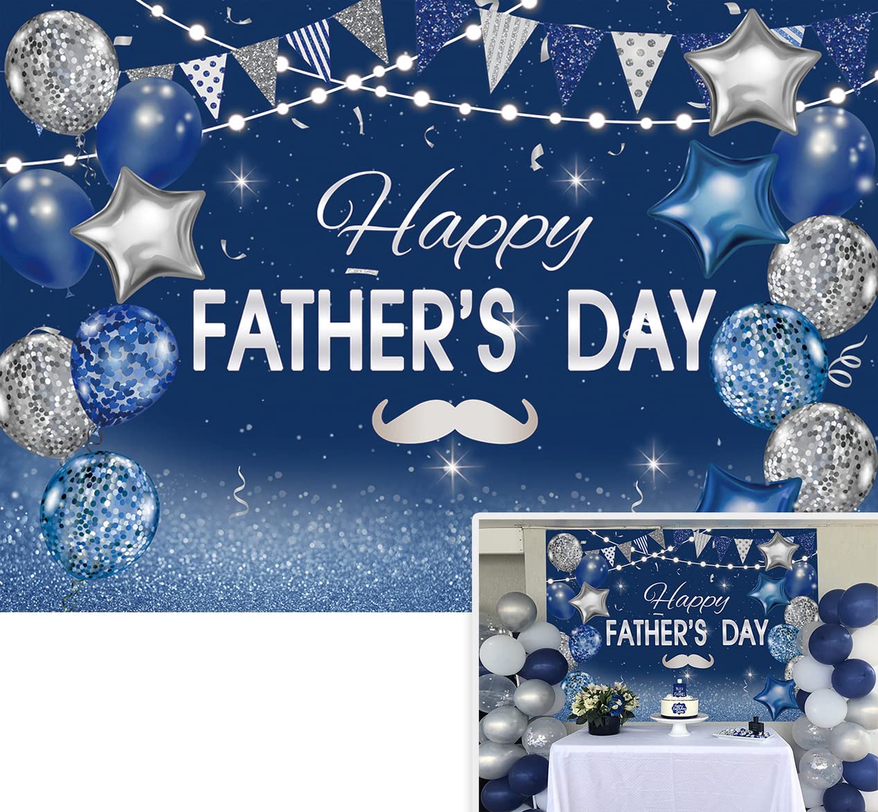 XCKALI Blue Silver Happy Fathers Day Background I Love Dad Glitter Balloons Stars Decoration Thank You Dad Party Backdrop Cake Table Banner Booth Props (7x5ft)