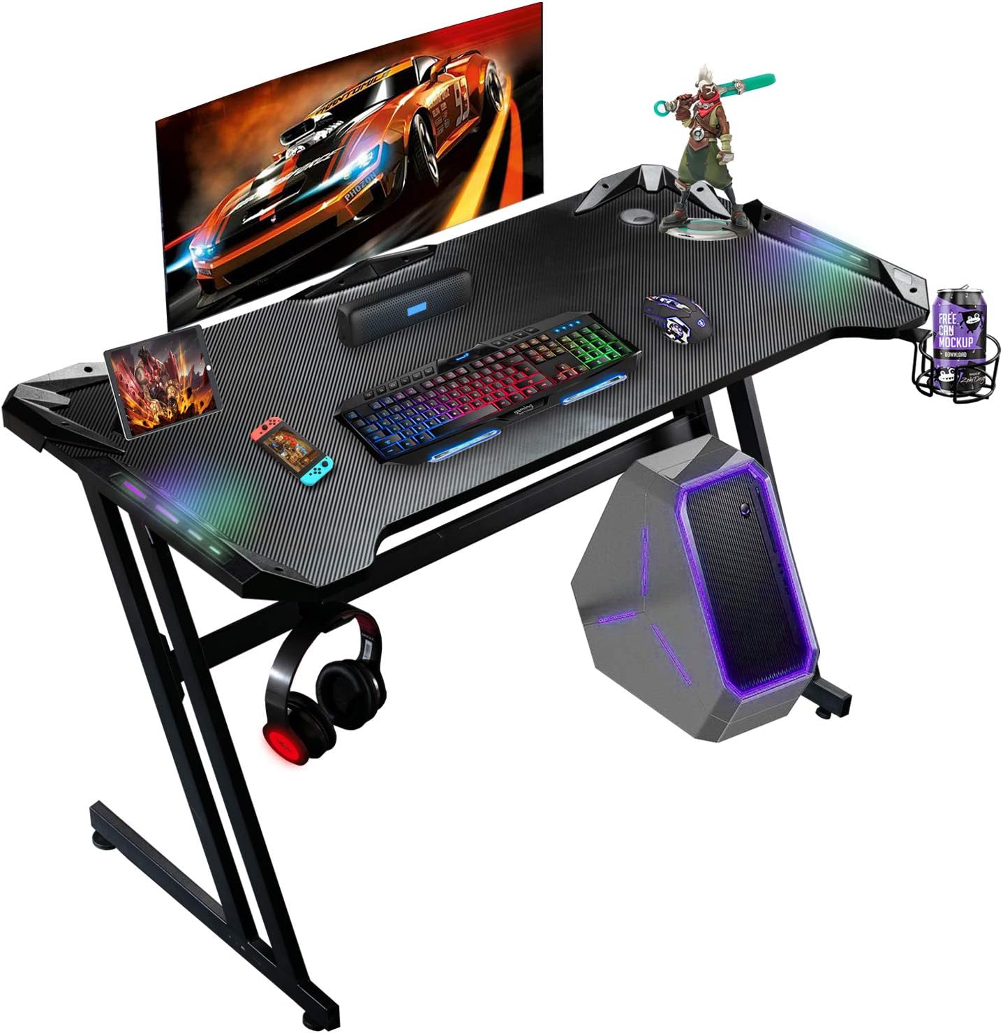 Ergonomic 47 Inch Gaming Desk with LED Light Home Computer